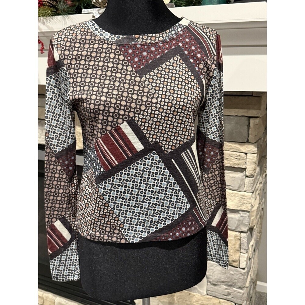 Bar III Printed Hacci Top Long Sleeve Egret Combo Color Sz Small
